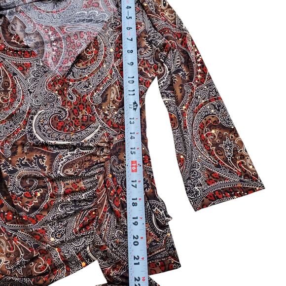 Y2k Fall Fairy Sequin Paisly 3/4 Sleeve Dressbarn Deep V Blouse- Small - Picture 6 of 7